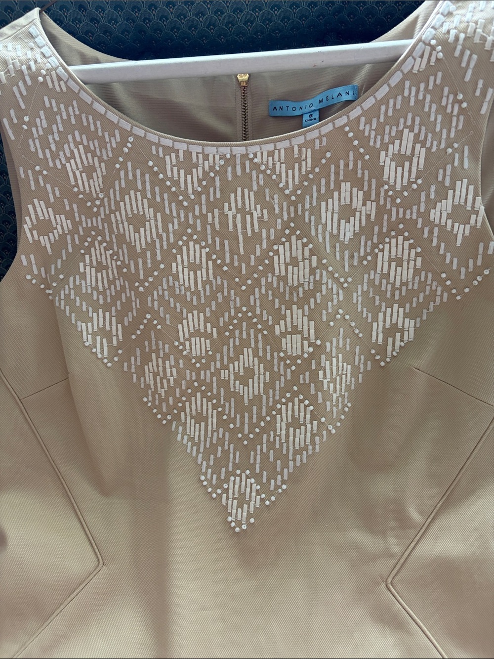 ANTONIO MELANI Beige Sleeveless Mini Dress with White Bead Detail Size 8 - Picture 3 of 5